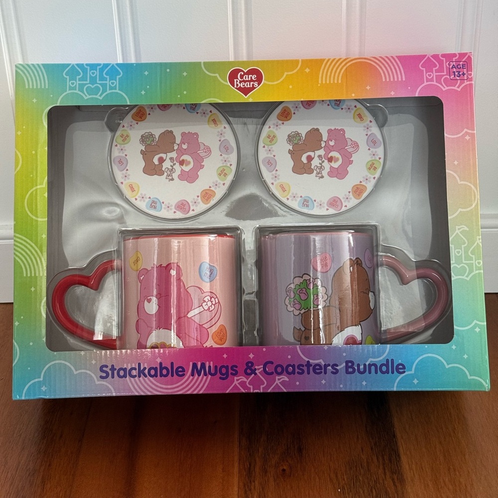 Brand new care bears stackable mug coaster bundle set of 2 mug 2 coasters